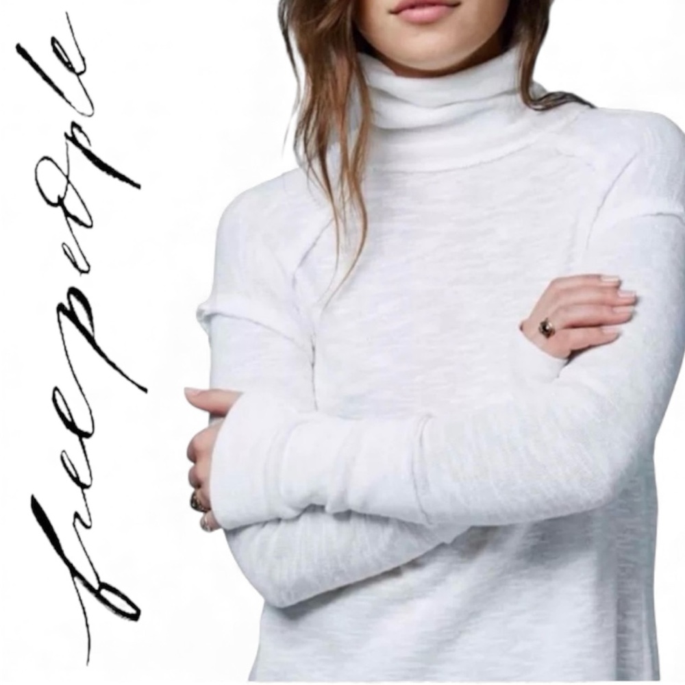 We The Free White Split Back Turtleneck Top Raw Hem